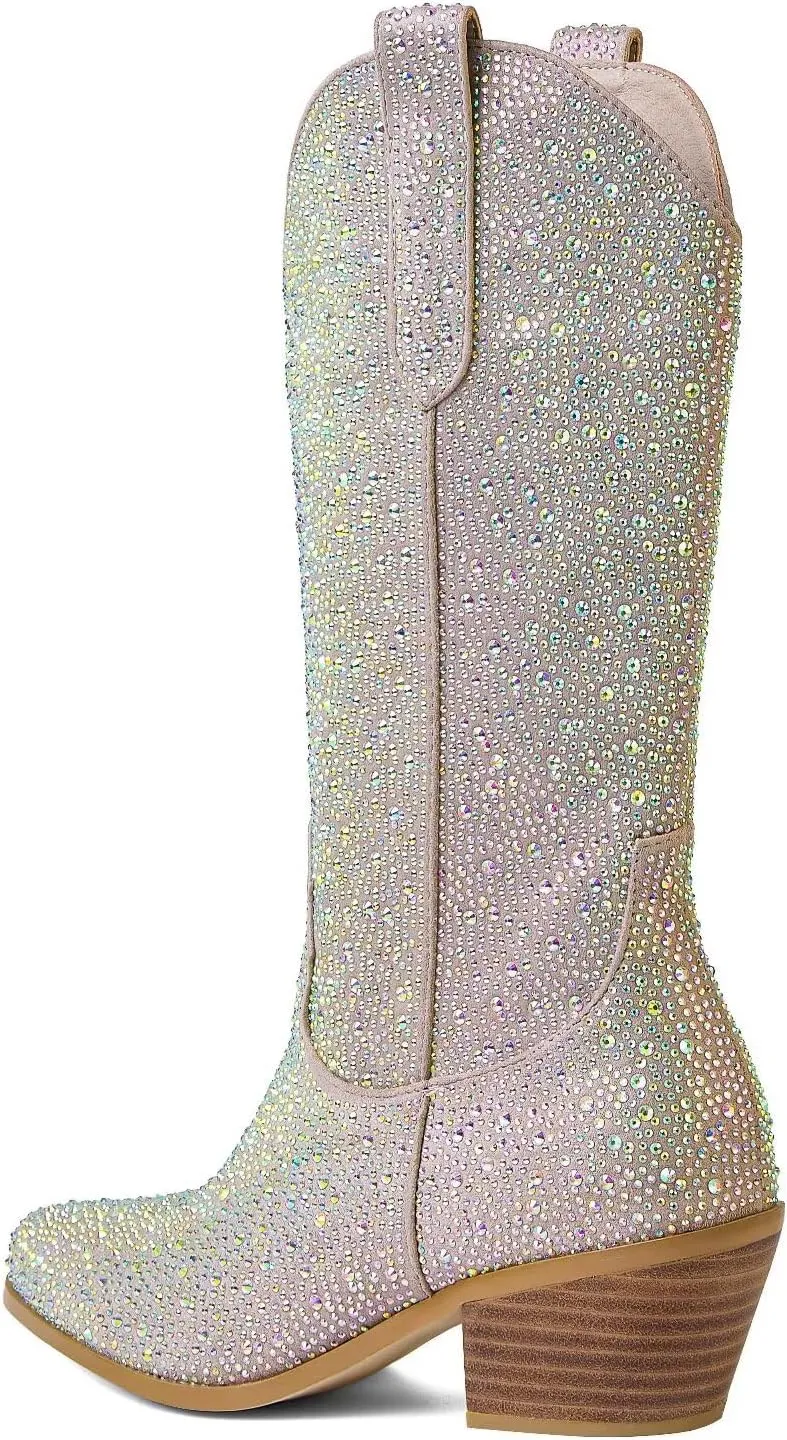 CIERWS Women's Embroidered Western Cowboy Boots Cowgirl Boots Knee High Medium Heel Chunky Heel Classic Retro Boots