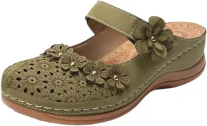 Clogs for Women Mule Sandals Comfortable Summer Flowers Platform Orthopedic Sandals, Round Toe Closed Toe Walking Slippers Hollow Out Breathable Ankle Strap Walking Shoes