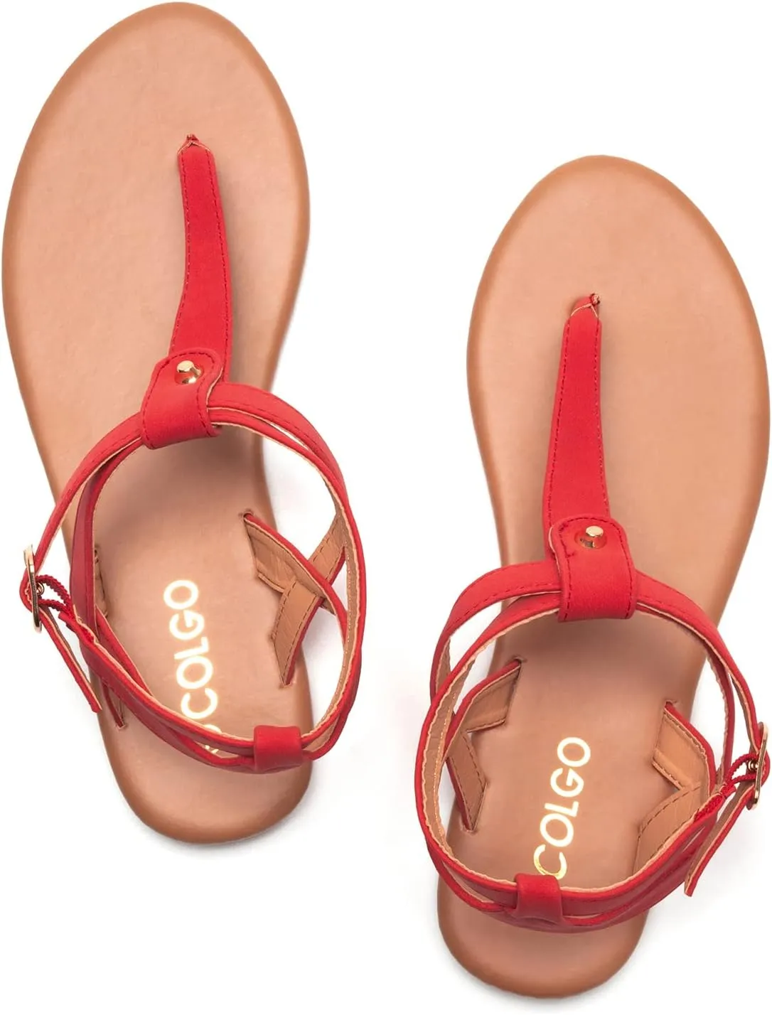 Colgo Thong Flat Sandals, Casual Women T-Strap Dress Sandals with Adjustable Ankle Buckle for Summer Wedding