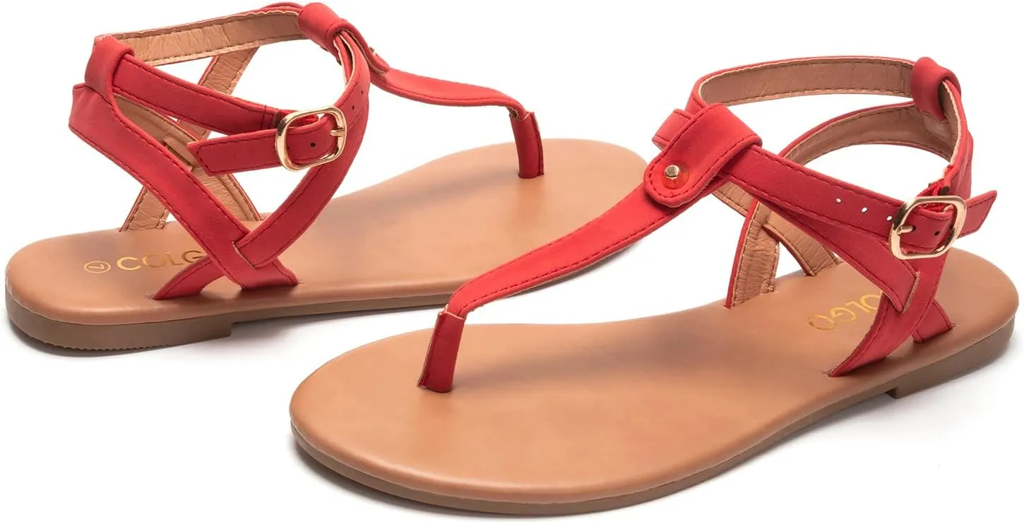 Colgo Thong Flat Sandals, Casual Women T-Strap Dress Sandals with Adjustable Ankle Buckle for Summer Wedding