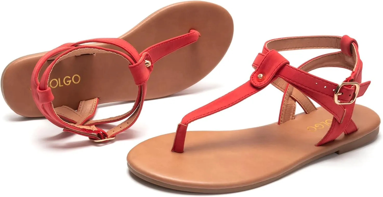 Colgo Thong Flat Sandals, Casual Women T-Strap Dress Sandals with Adjustable Ankle Buckle for Summer Wedding