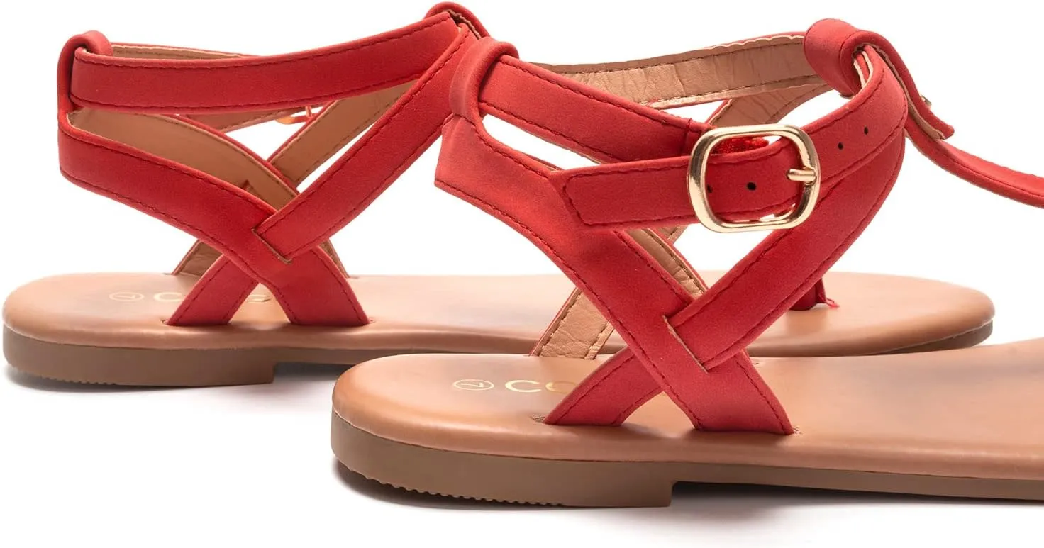 Colgo Thong Flat Sandals, Casual Women T-Strap Dress Sandals with Adjustable Ankle Buckle for Summer Wedding