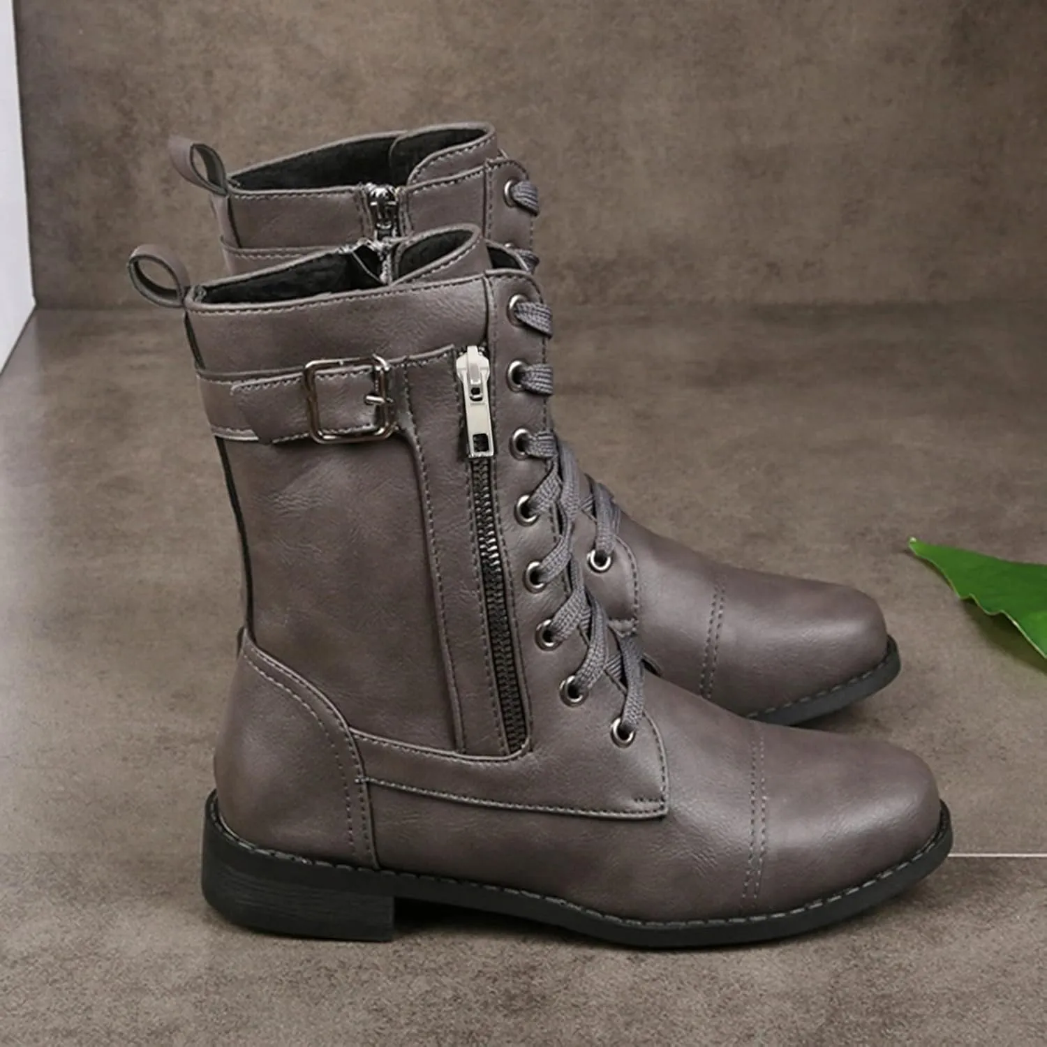 Combat Boots Womens PlatformMid Calf Boots for Women Low Heel Leather Boots Zipper Mid Calf Boots Casual Shoes