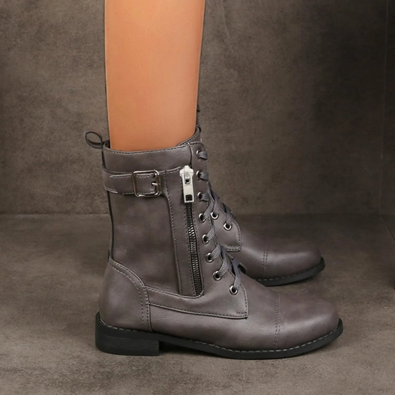 Combat Boots Womens PlatformMid Calf Boots for Women Low Heel Leather Boots Zipper Mid Calf Boots Casual Shoes