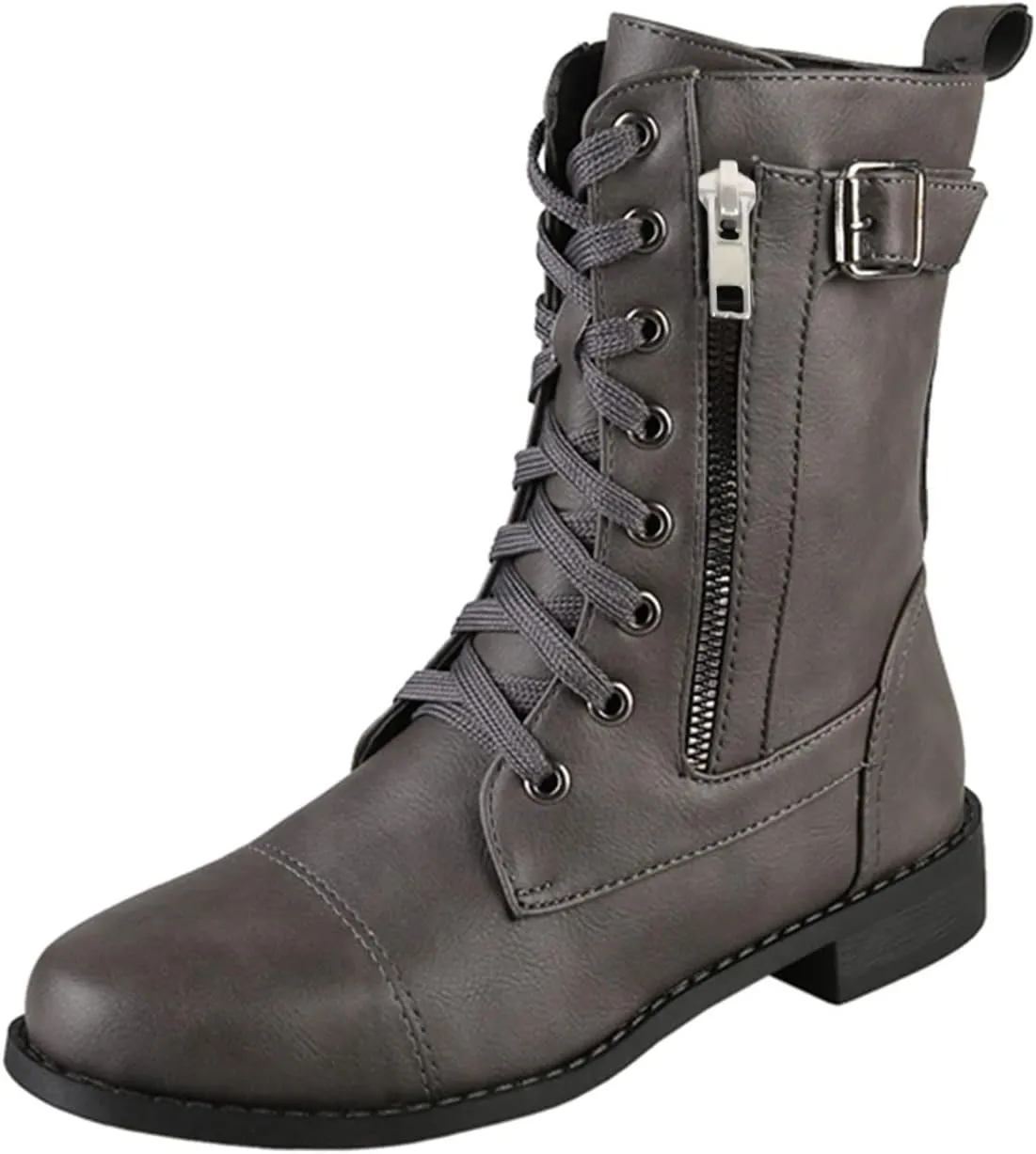 Combat Boots Womens PlatformMid Calf Boots for Women Low Heel Leather Boots Zipper Mid Calf Boots Casual Shoes