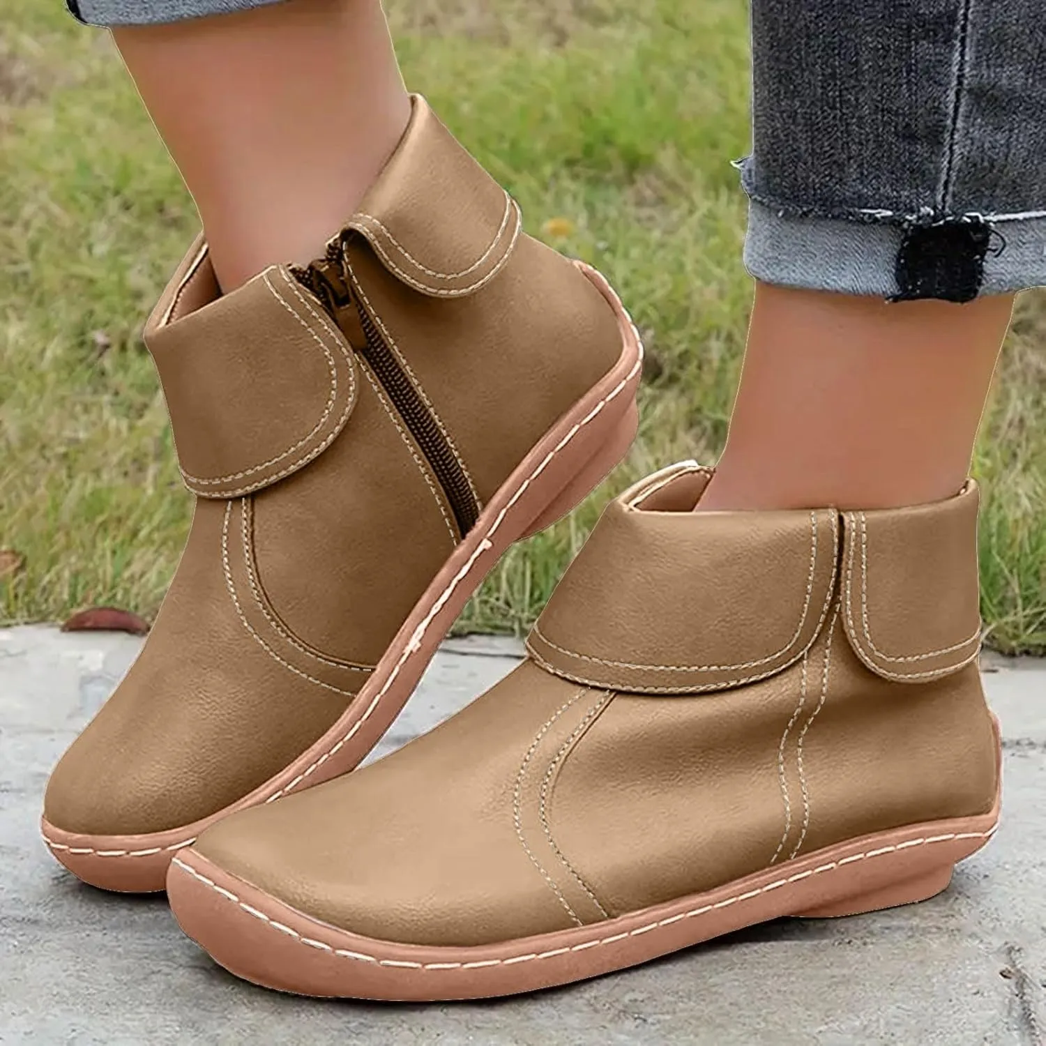 Comfortable Boots for Women Walking Leather Women Ankle Boot Comfy Fashion Round Toe Soft Sole Flat Rubble Women Boot