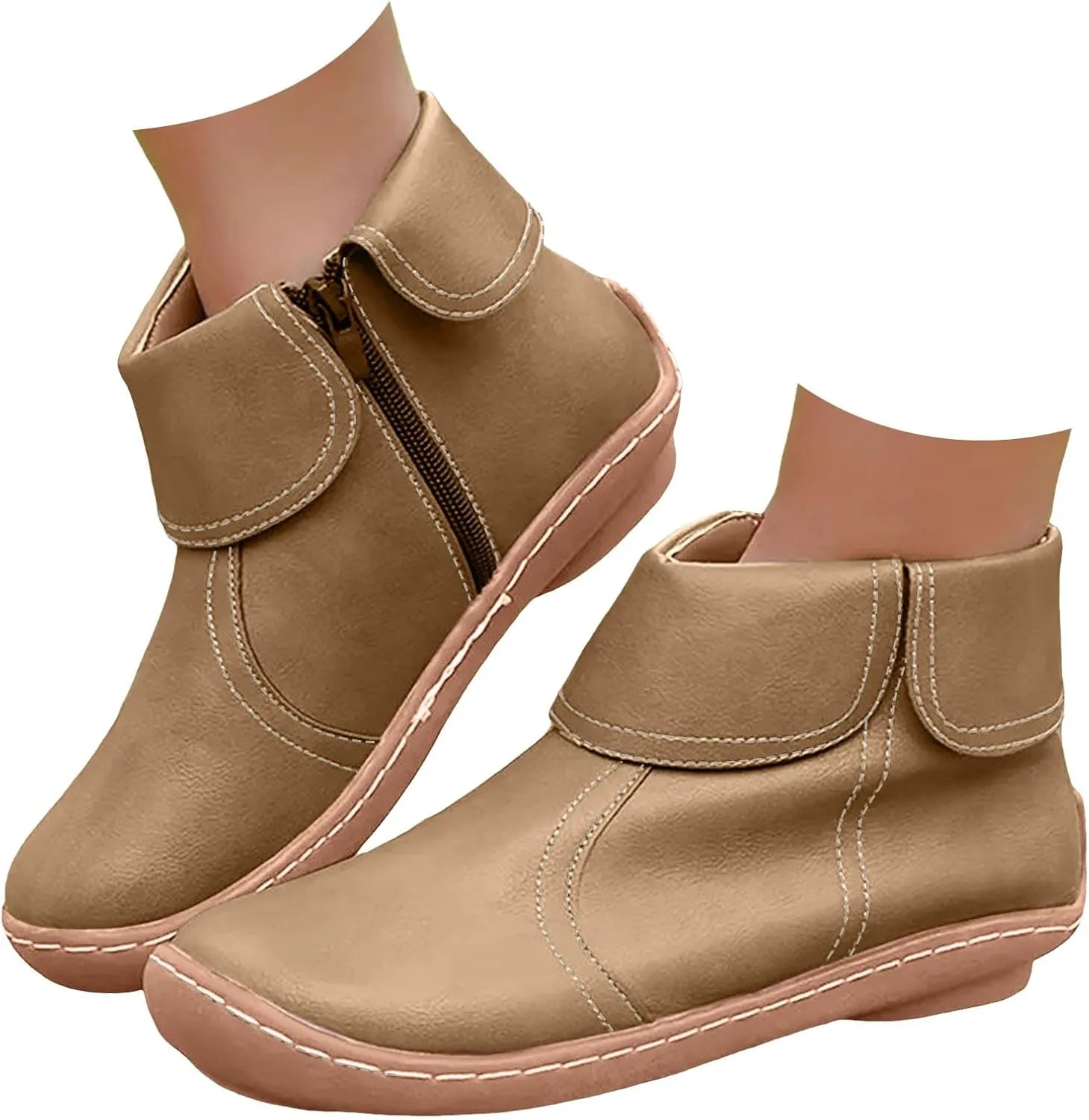Comfortable Boots for Women Walking Leather Women Ankle Boot Comfy Fashion Round Toe Soft Sole Flat Rubble Women Boot