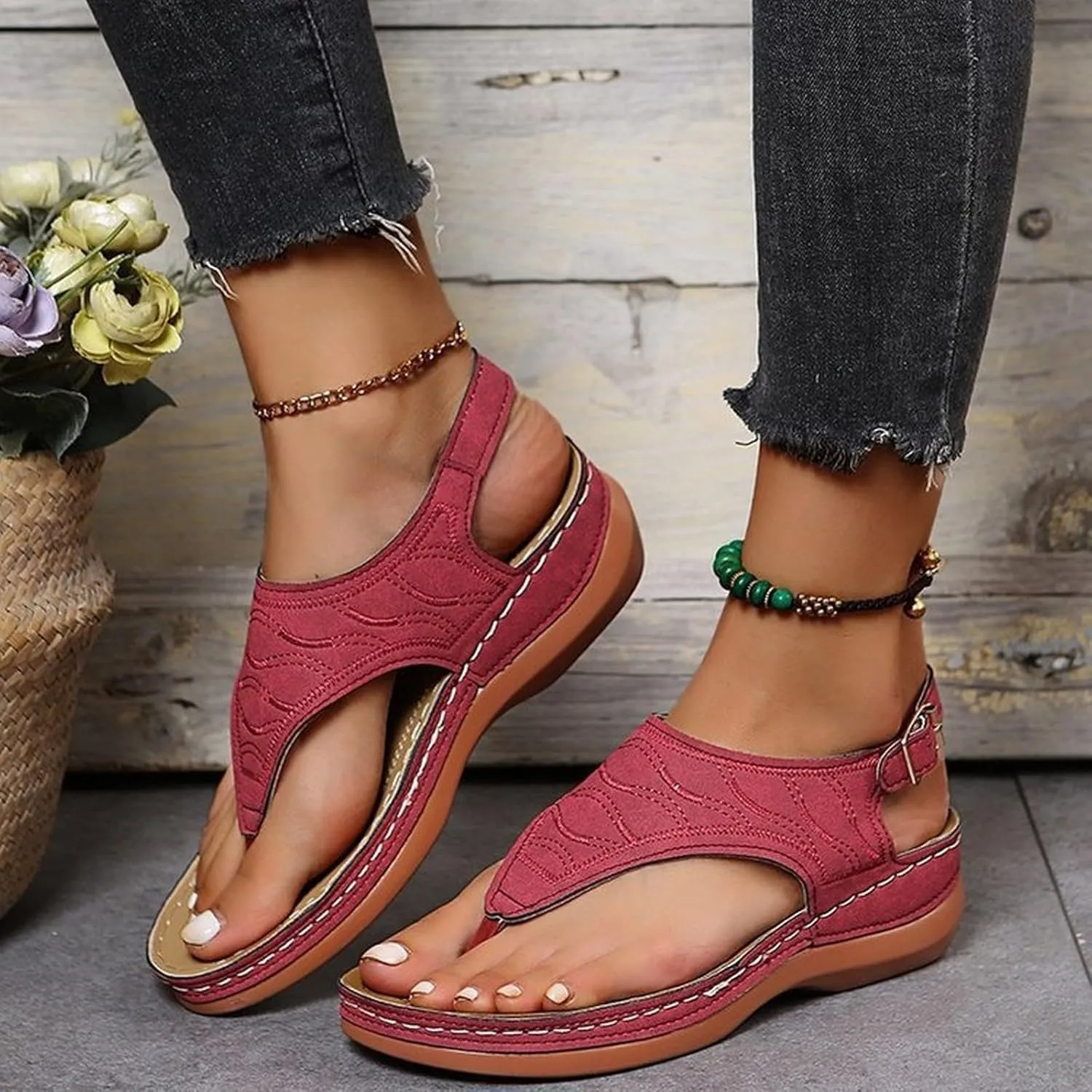 Comfortable Sandals for Women Wiide Width Ankle Strap Flips Flops Summer Dressy Boho Beach Walking Wedge