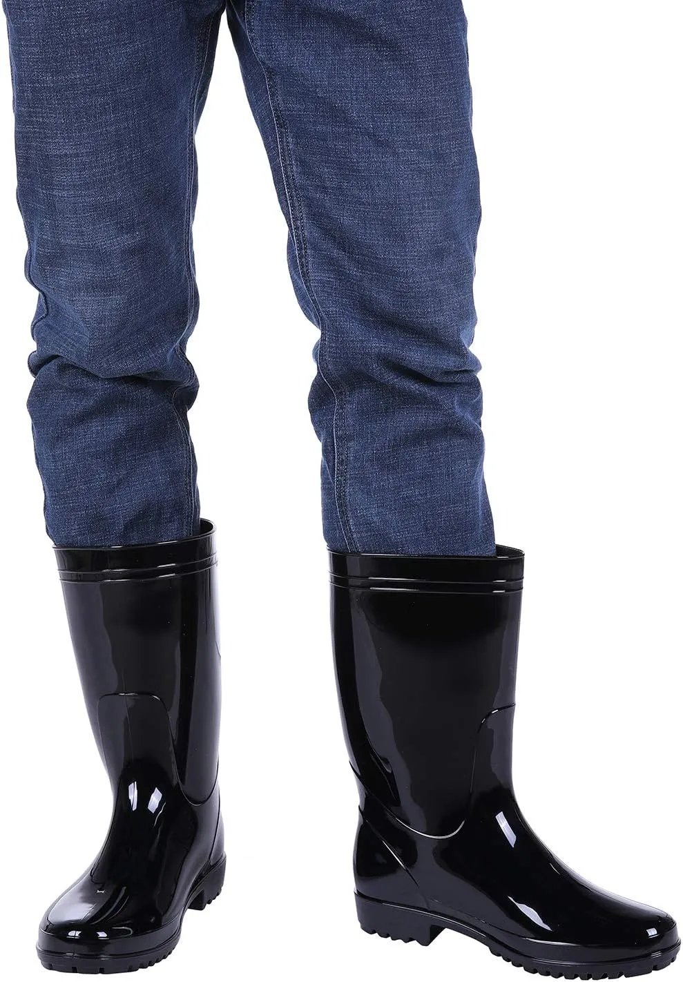 Comwarm Men's Mid-calf Rain Boots Waterproof Anti-Slip Black PVC Adult Outdoor Work Rubber Boots