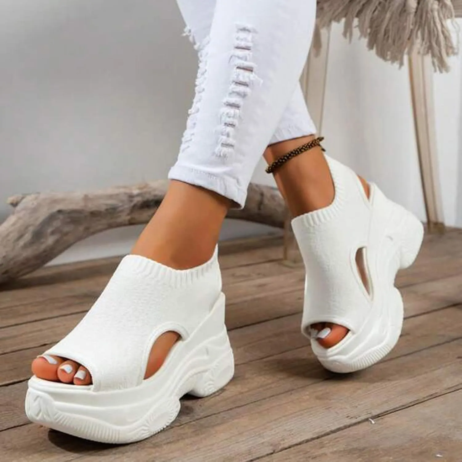 Contrast Paneled Cutout Lace-Up Muffin Sandals for Women Causal Summer Open Toe Platform Muffin Sandal Shoes