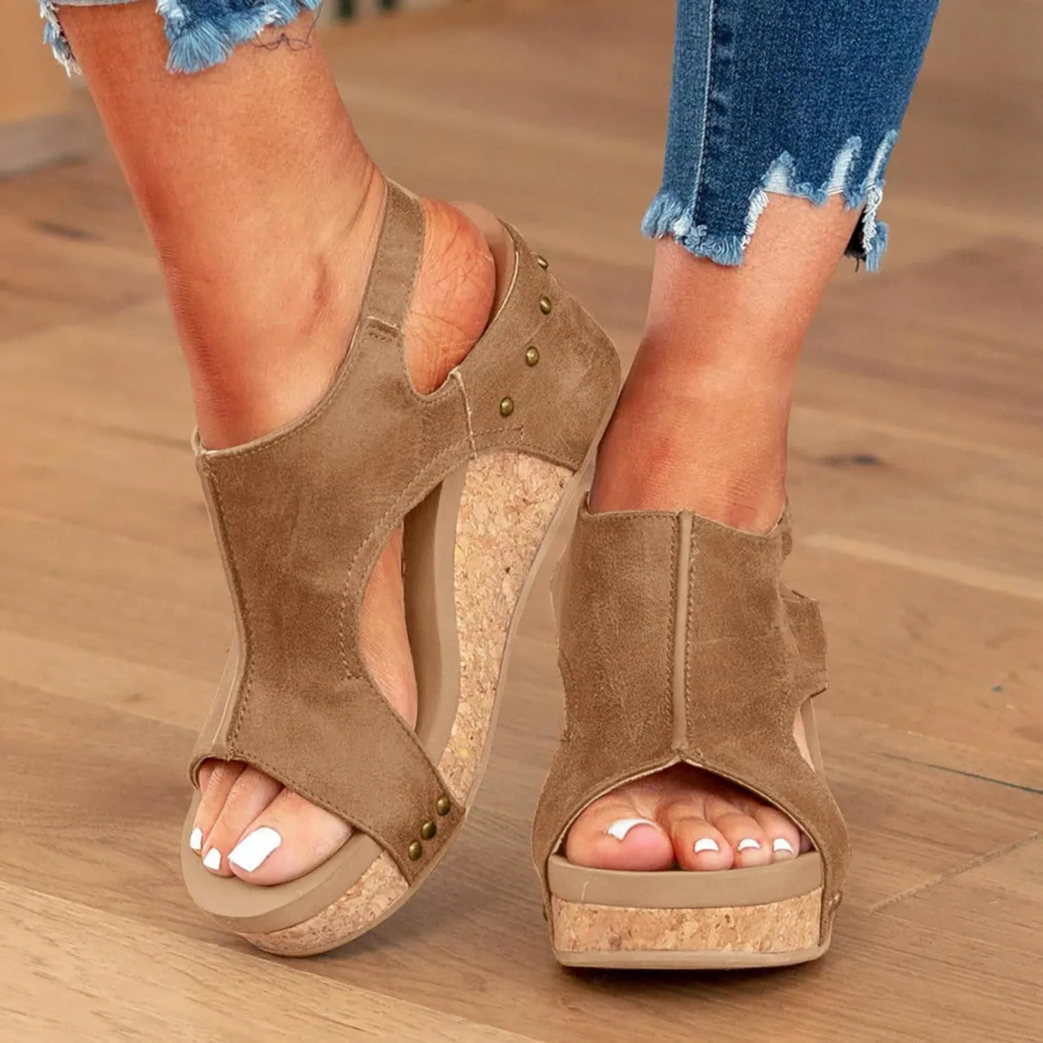 Cork Platform Sandals for Women, Women's Thick Sole Comfy Leather Wedges Dressy Comfortable Wedge Sandals Non Slip Summer Slides Casual Dress Shoes