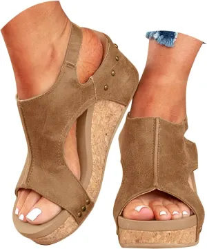 Cork Platform Sandals for Women, Women's Thick Sole Comfy Leather Wedges Dressy Comfortable Wedge Sandals Non Slip Summer Slides Casual Dress Shoes