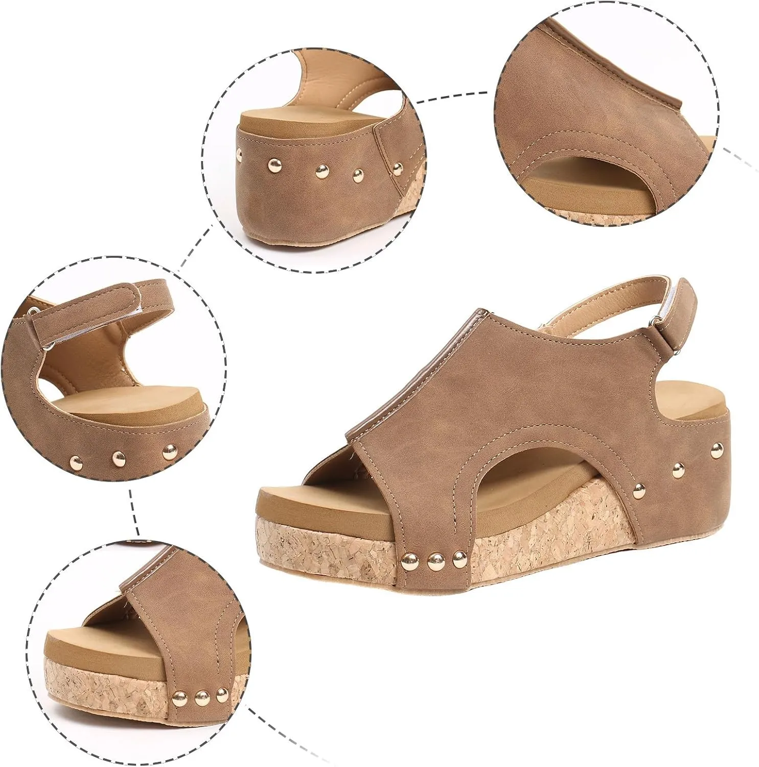 Cork Platform Sandals for Women, Women's Thick Sole Comfy Leather Wedges Dressy Comfortable Wedge Sandals Non Slip Summer Slides Casual Dress Shoes