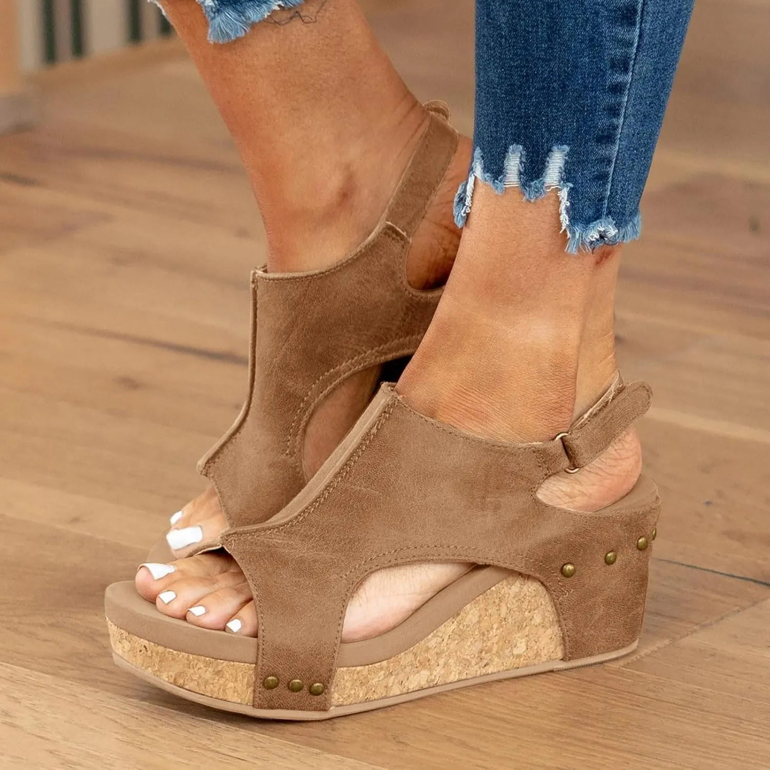 Cork Platform Sandals for Women, Women's Thick Sole Comfy Leather Wedges Dressy Comfortable Wedge Sandals Non Slip Summer Slides Casual Dress Shoes