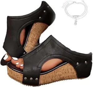 Cork Wedge Sandals for Women Wide Width, Women's Thick Sole Comfy Leather Wedges Dressy Comfortable Platform Sandals Non Slip Summer Slides Casual Dress Shoes