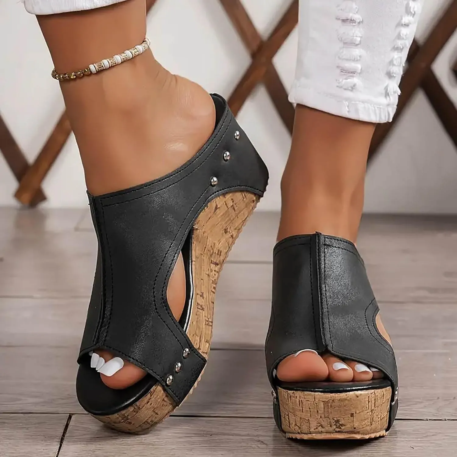 Cork Wedge Sandals for Women Wide Width, Women's Thick Sole Comfy Leather Wedges Dressy Comfortable Platform Sandals Non Slip Summer Slides Casual Dress Shoes