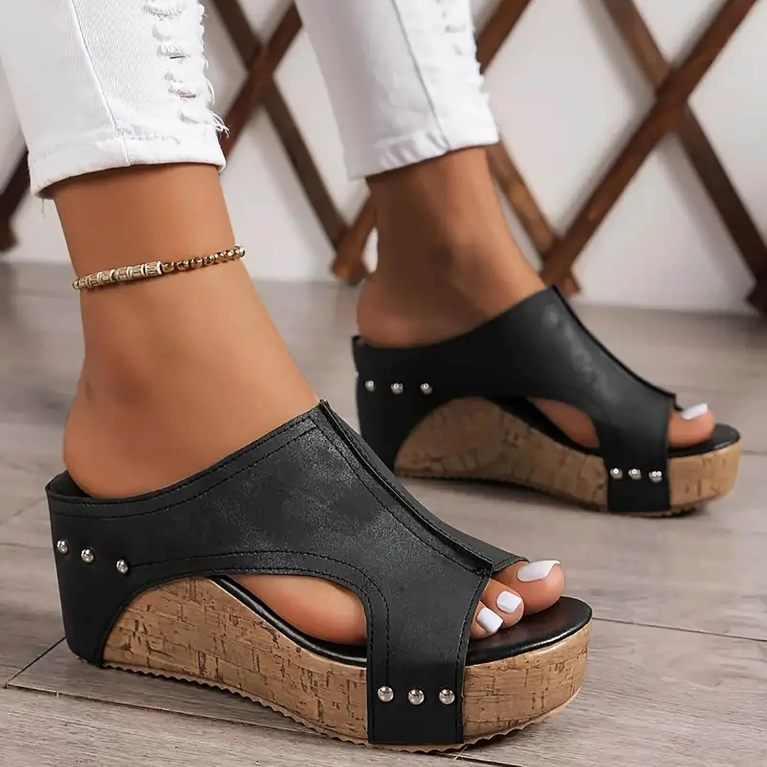 Cork Wedge Sandals for Women Wide Width, Women's Thick Sole Comfy Leather Wedges Dressy Comfortable Platform Sandals Non Slip Summer Slides Casual Dress Shoes