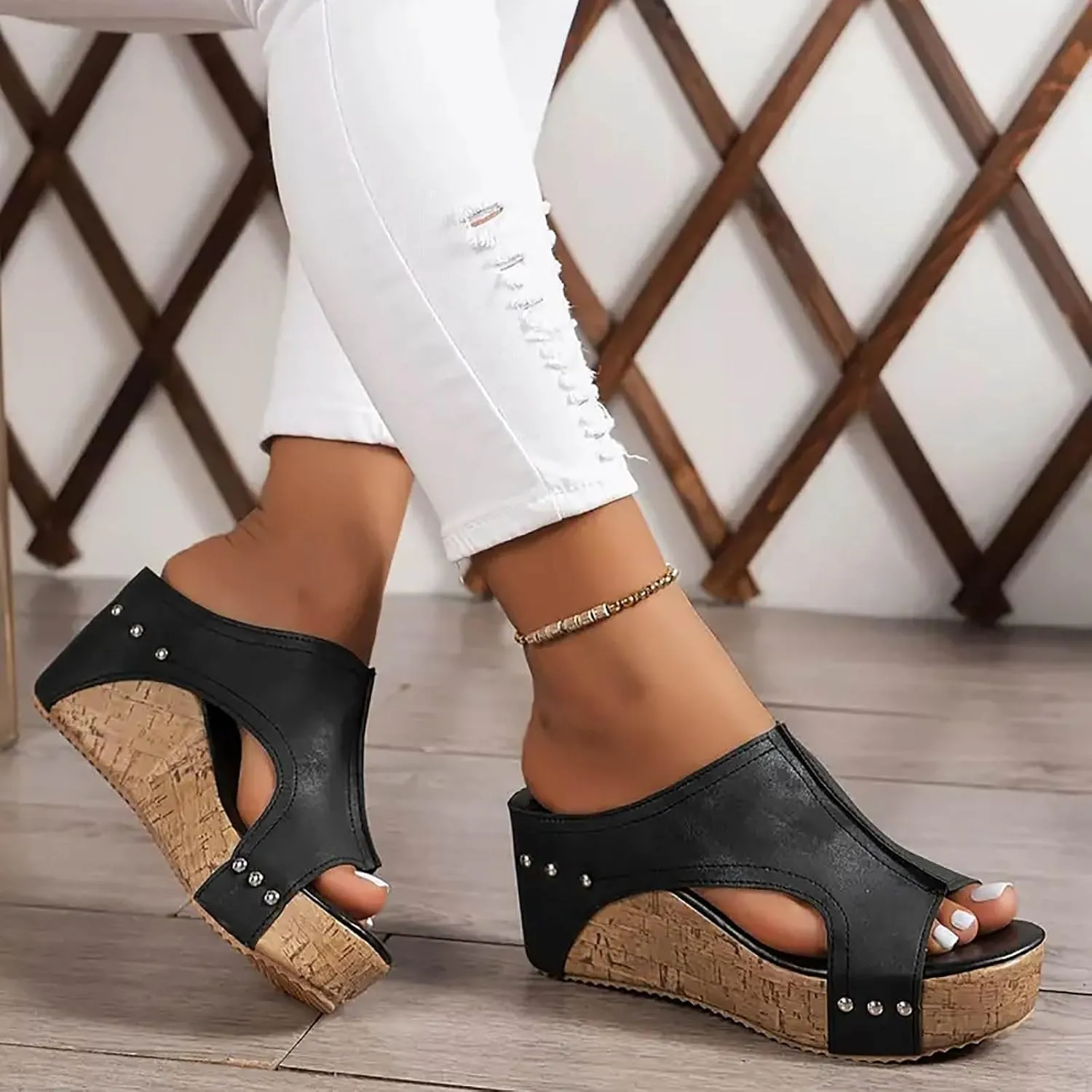Cork Wedge Sandals for Women Wide Width, Women's Thick Sole Comfy Leather Wedges Dressy Comfortable Platform Sandals Non Slip Summer Slides Casual Dress Shoes
