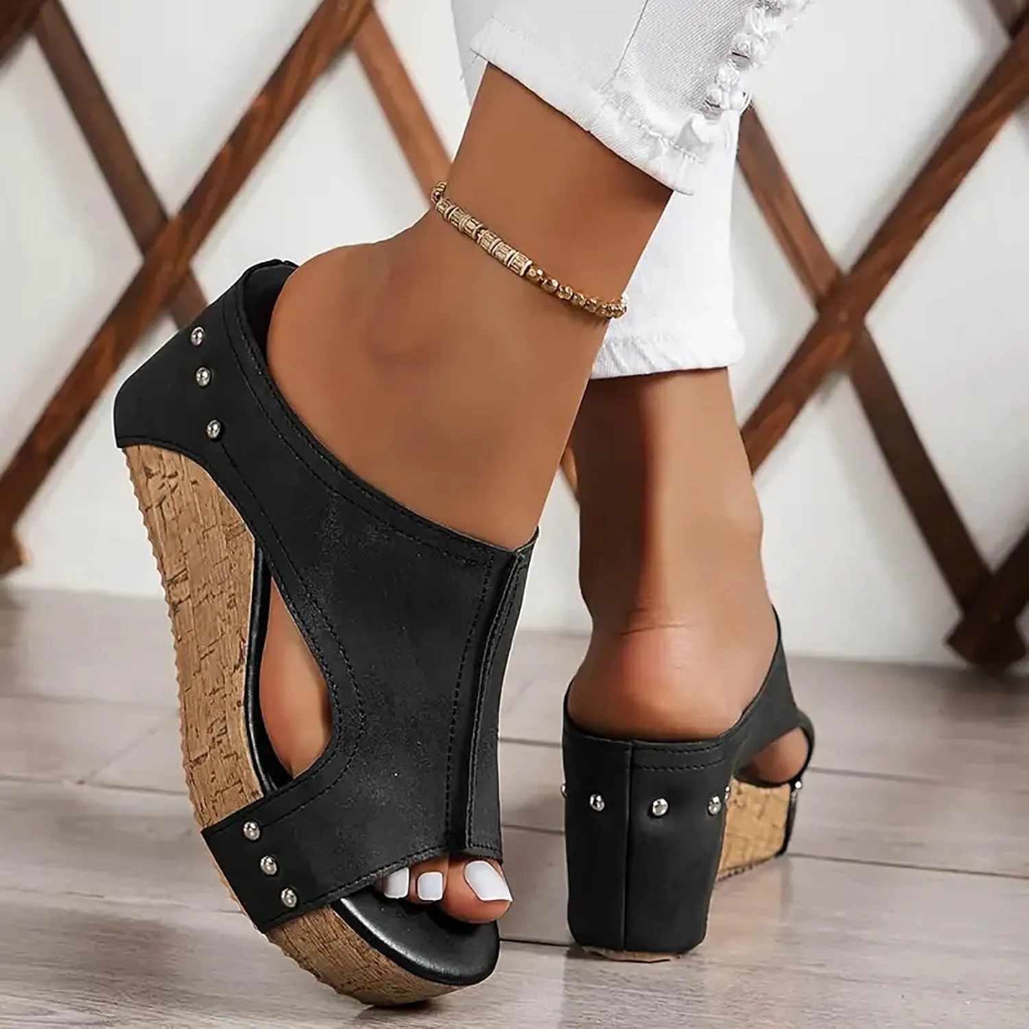 Cork Wedge Sandals for Women Wide Width, Women's Thick Sole Comfy Leather Wedges Dressy Comfortable Platform Sandals Non Slip Summer Slides Casual Dress Shoes