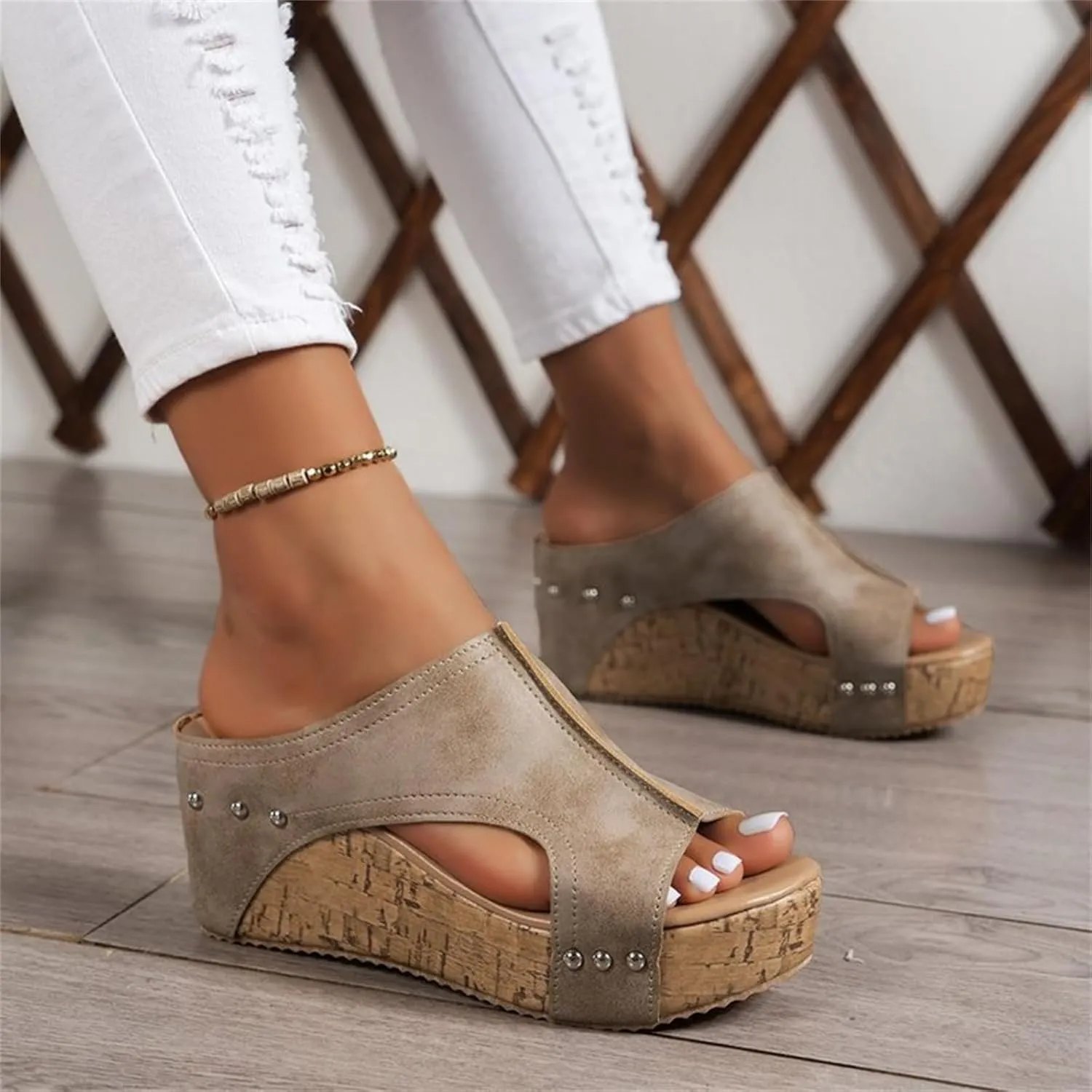 Cork Wedge Sandals For Women, Women's Platform Slides & Wedge Sandals, Non-Slip Comfy Summer Leather Sandals