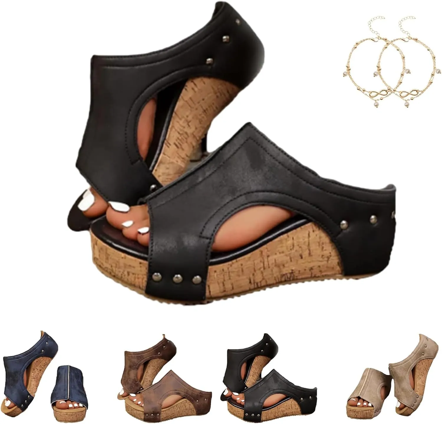 Cork Wedge Sandals For Women, Women's Platform Slides & Wedge Sandals, Non-Slip Comfy Summer Leather Sandals