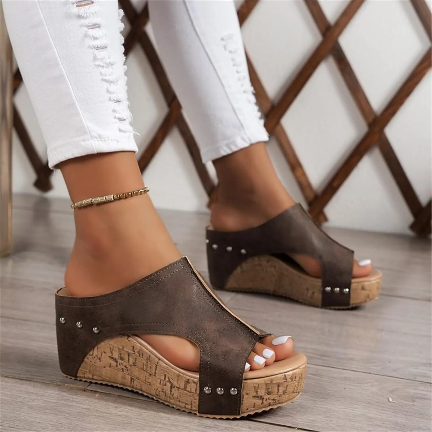 Cork Wedge Sandals For Women, Women's Platform Slides & Wedge Sandals, Non-Slip Comfy Summer Leather Sandals