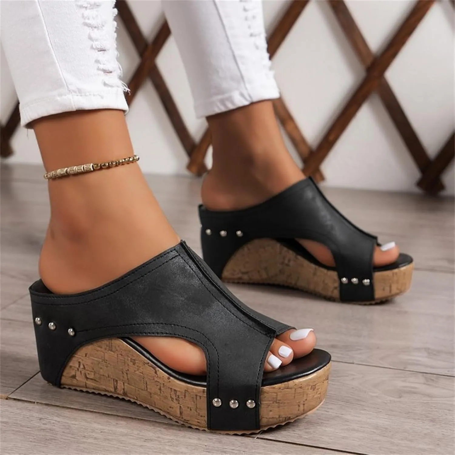 Cork Wedge Sandals For Women, Women's Platform Slides & Wedge Sandals, Non-Slip Comfy Summer Leather Sandals