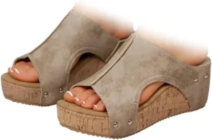 Cork Wedges & Platform Slides, Women's Thick Sole Comfy Leather Wedge Non-slip Slides, Summer Sandals Cork Sandals