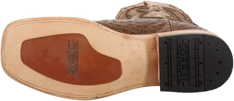 CORRAL MEN'S ORIX OSTRICH OVERLAY & EMBROIDERY & WOVEN SQ. TOE, LEATHER WITH RUBBER INSERT SOLE, WESTERN A4008