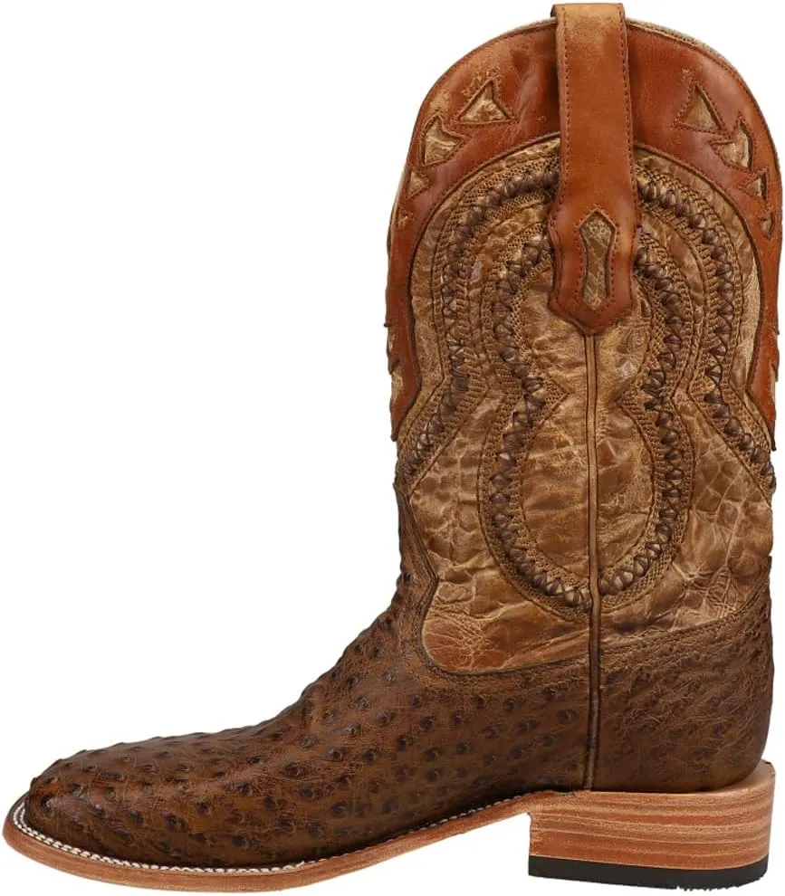 CORRAL MEN'S ORIX OSTRICH OVERLAY & EMBROIDERY & WOVEN SQ. TOE, LEATHER WITH RUBBER INSERT SOLE, WESTERN A4008