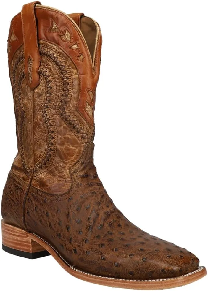 CORRAL MEN'S ORIX OSTRICH OVERLAY & EMBROIDERY & WOVEN SQ. TOE, LEATHER WITH RUBBER INSERT SOLE, WESTERN A4008