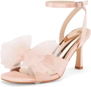 Coutgo Womens Lace Bow Heels Sandals Open Square Toe Stiletto High Heel Ankle Strap Bride Wedding Dress Shoes