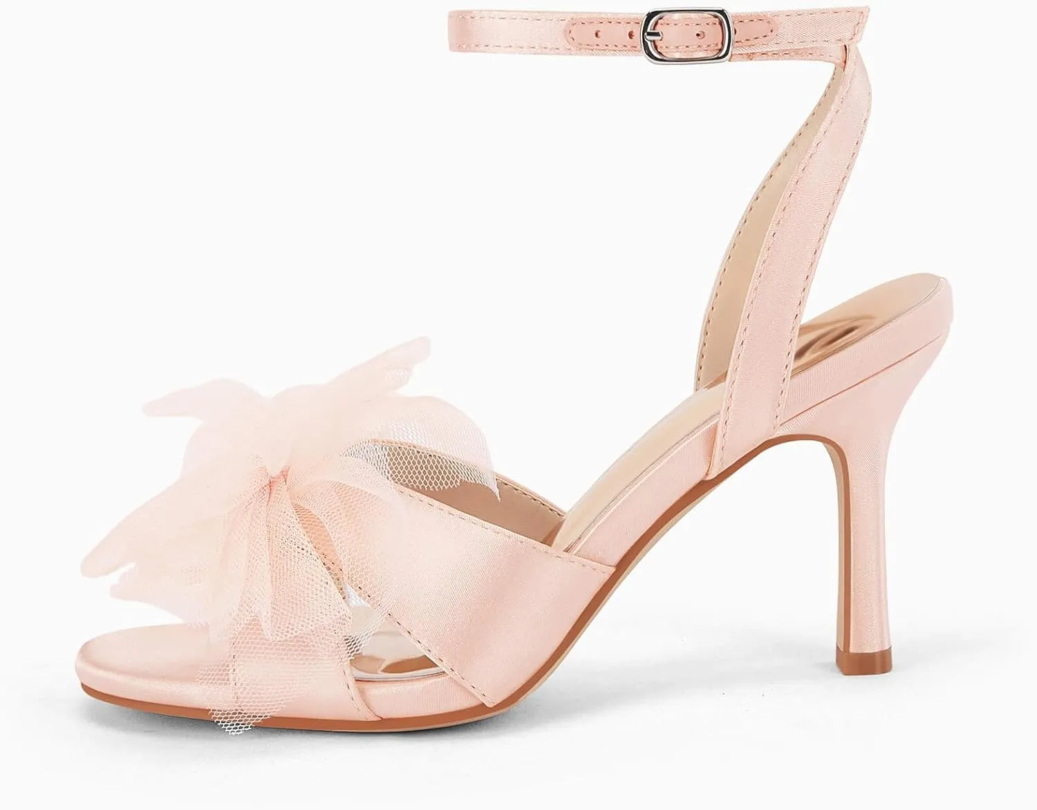 Coutgo Womens Lace Bow Heels Sandals Open Square Toe Stiletto High Heel Ankle Strap Bride Wedding Dress Shoes