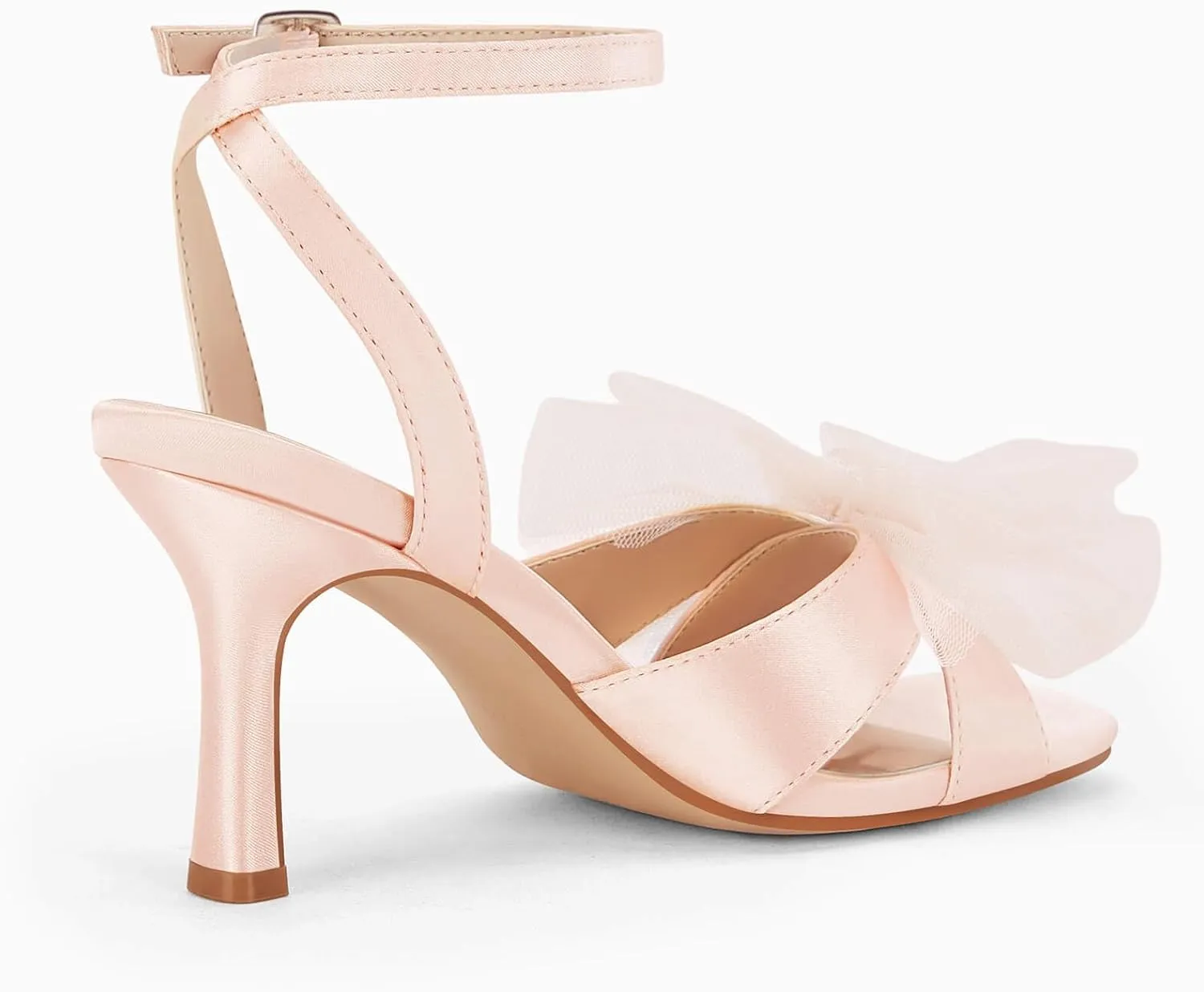 Coutgo Womens Lace Bow Heels Sandals Open Square Toe Stiletto High Heel Ankle Strap Bride Wedding Dress Shoes