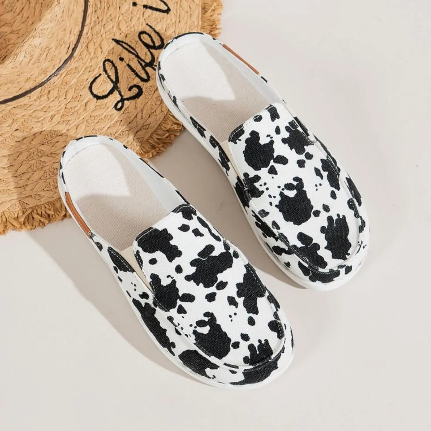 Cow Print Canvas Shoes for Women Closed Toe Slip On Flat Slippers Casual Comfortable Wide Width Print Sandals Breathable Lightweight Walking Mule Sneaker Loafer Going Out Outdoor Sports Loafers