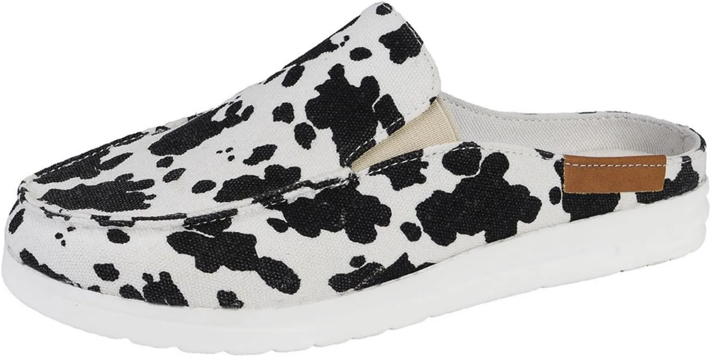 Cow Print Canvas Shoes for Women Closed Toe Slip On Flat Slippers Casual Comfortable Wide Width Print Sandals Breathable Lightweight Walking Mule Sneaker Loafer Going Out Outdoor Sports Loafers