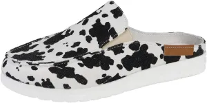 Cow Print Canvas Shoes for Women Closed Toe Slip On Flat Slippers Casual Comfortable Wide Width Print Sandals Breathable Lightweight Walking Mule Sneaker Loafer Going Out Outdoor Sports Loafers