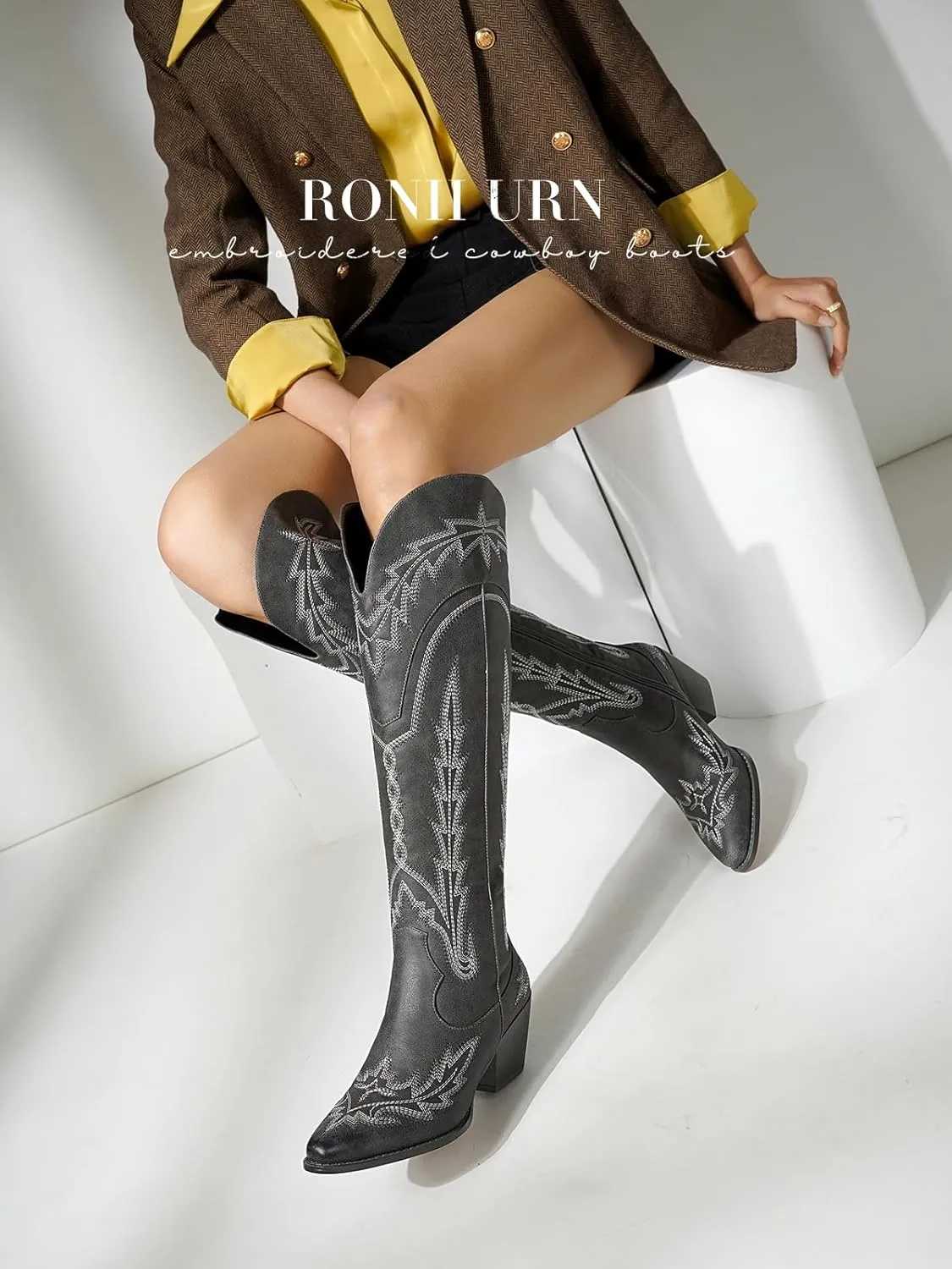 Cowboy Boots for Women Cowgirl Boots Mid Calf Western Country Pointed Toe Embroidery Chunky Heel Pull On Red