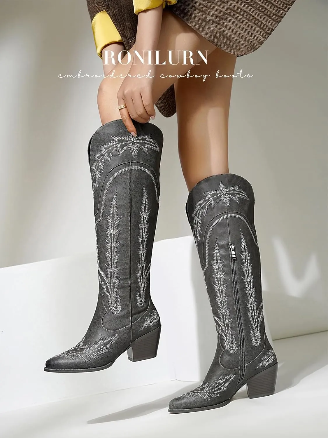 Cowboy Boots for Women Cowgirl Boots Mid Calf Western Country Pointed Toe Embroidery Chunky Heel Pull On Red