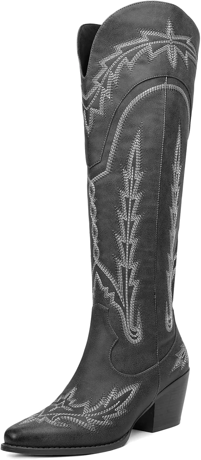 Cowboy Boots for Women Cowgirl Boots Mid Calf Western Country Pointed Toe Embroidery Chunky Heel Pull On Red
