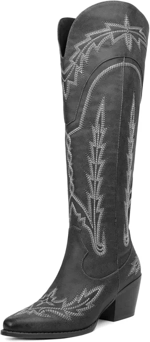Cowboy Boots for Women Cowgirl Boots Mid Calf Western Country Pointed Toe Embroidery Chunky Heel Pull On Red