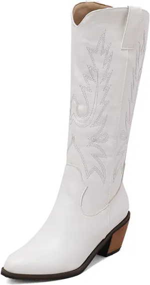 Cowboy Boots for Women, Wide Calf Knee High Cowgirl Boots with Side Zipper and Sparkly Glitter Embroidery, Mid Heel Retro Fashion Tall Cowgirl Boot Pull On for Ladies-White||37