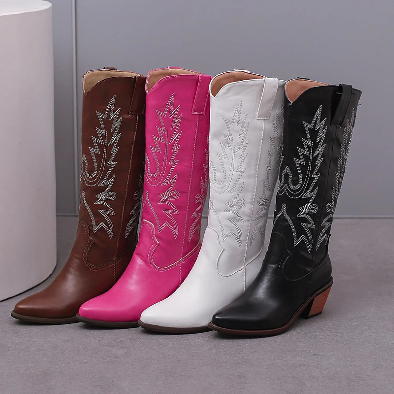 Cowboy Boots for Women, Wide Calf Knee High Cowgirl Boots with Side Zipper and Sparkly Glitter Embroidery, Mid Heel Retro Fashion Tall Cowgirl Boot Pull On for Ladies-White||37