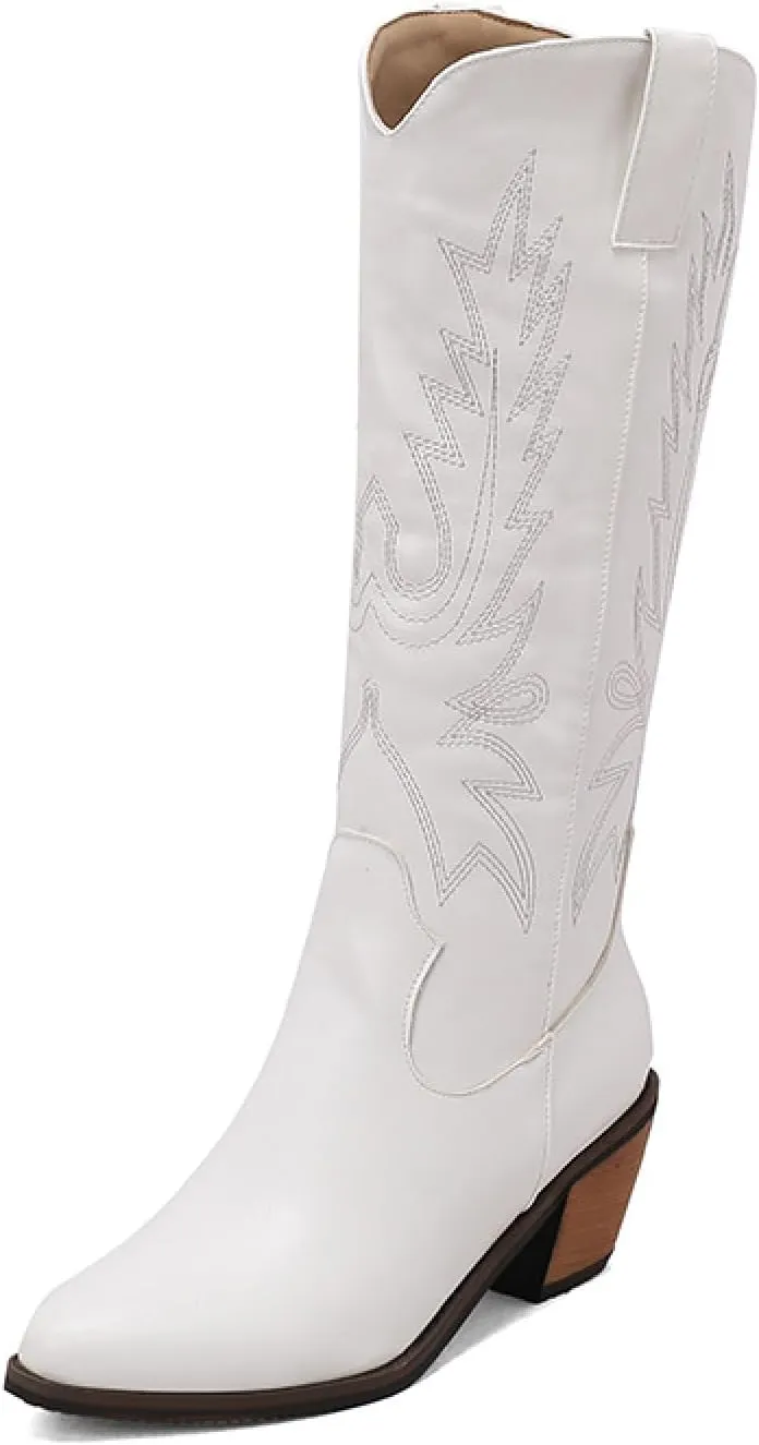 Cowboy Boots for Women, Wide Calf Knee High Cowgirl Boots with Side Zipper and Sparkly Glitter Embroidery, Mid Heel Retro Fashion Tall Cowgirl Boot Pull On for Ladies-White||37