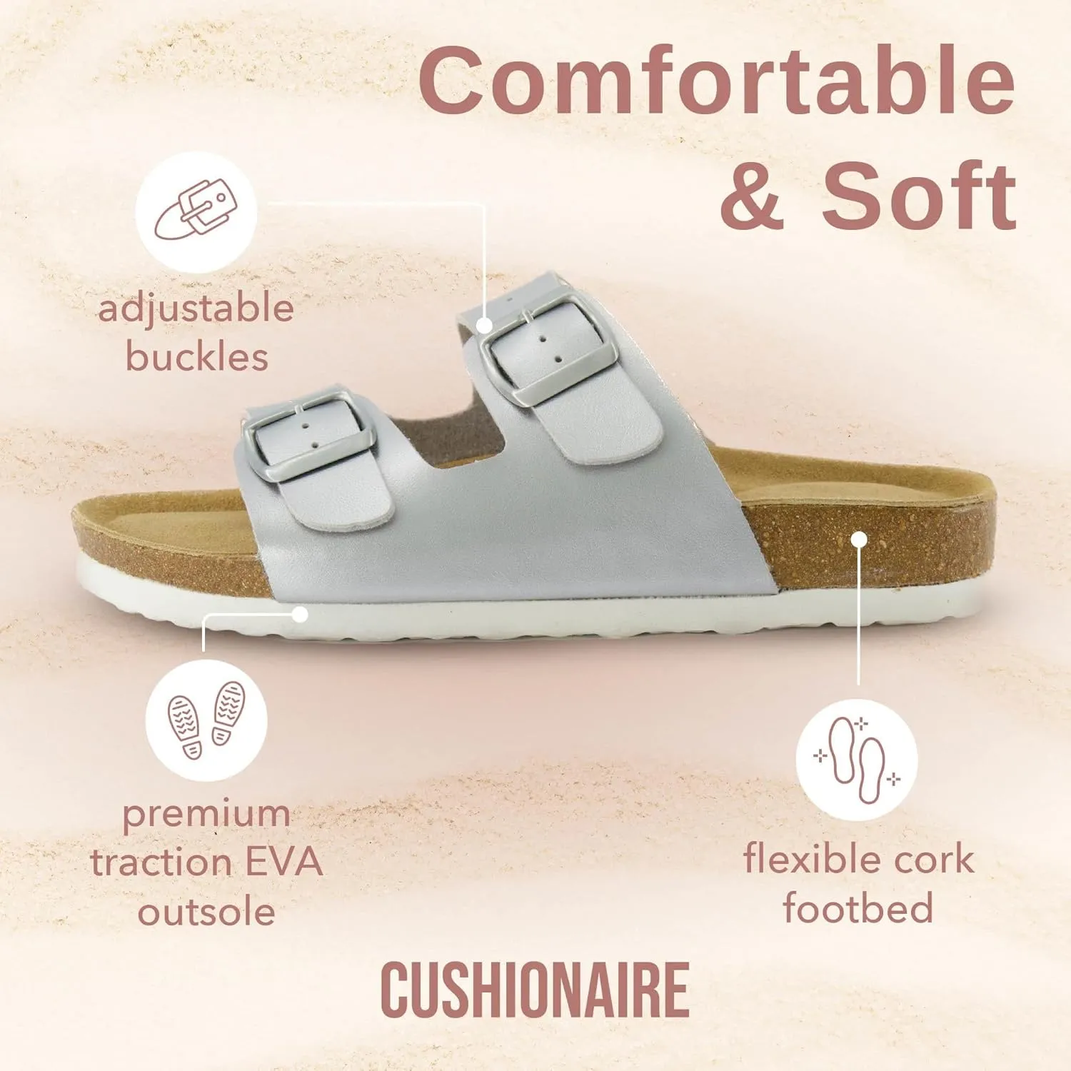 CUSHIONAIRE Lane Cork Footbed Sandals for Women – Comfortable Double Buckle Slip-On with Genuine Suede Footbed & Arch Support Slides for Women Footwear
