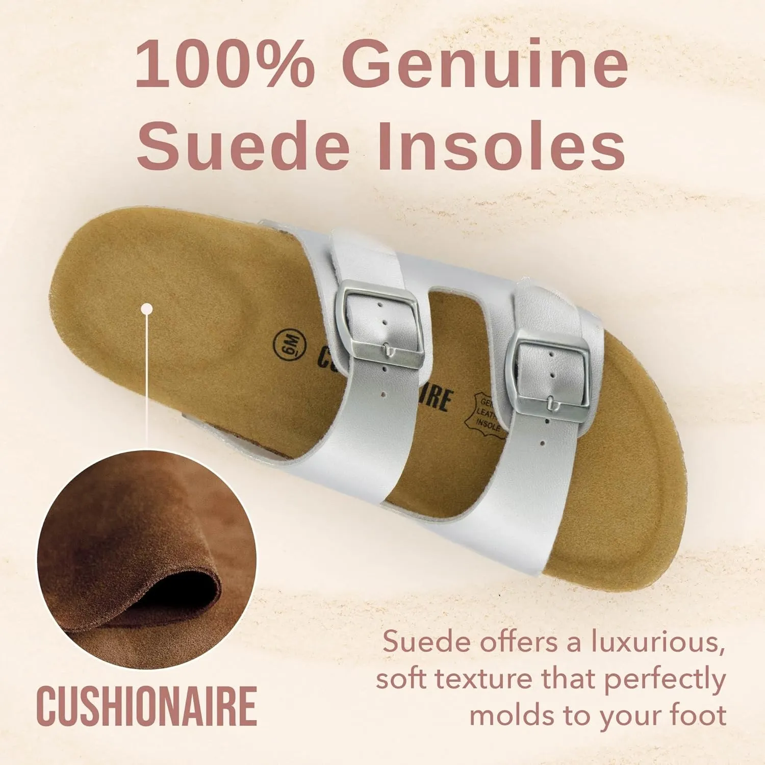 CUSHIONAIRE Lane Cork Footbed Sandals for Women – Comfortable Double Buckle Slip-On with Genuine Suede Footbed & Arch Support Slides for Women Footwear