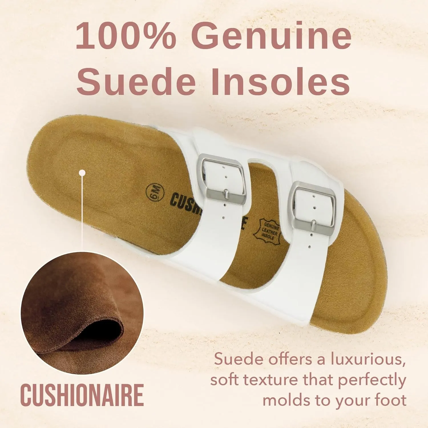 CUSHIONAIRE Lane Cork Footbed Sandals for Women – Comfortable Double Buckle Slip-On with Genuine Suede Footbed & Arch Support Slides for Women Footwear