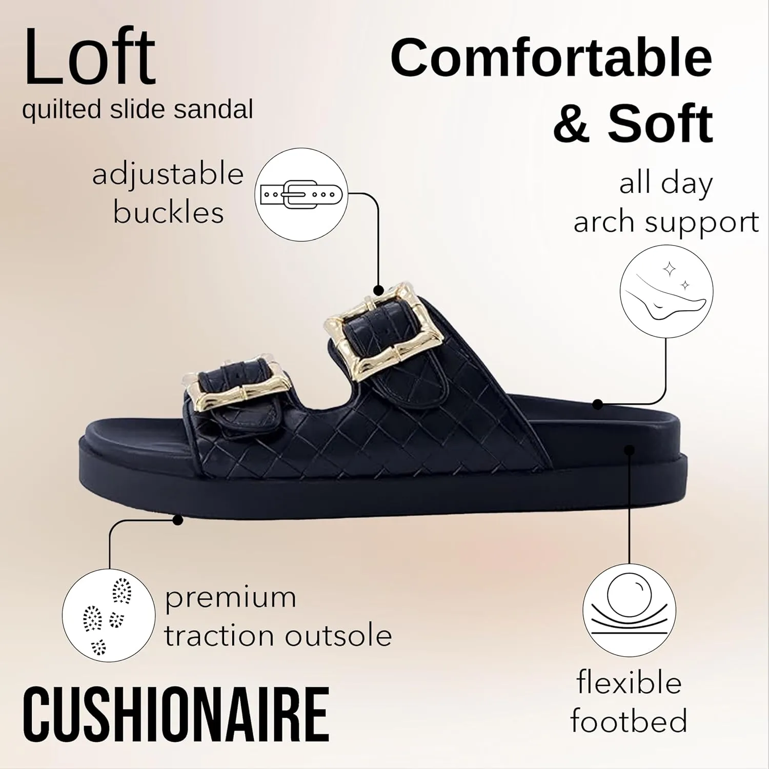 CUSHIONAIRE Loft Women's Quilted Slide Sandal With Cushioned Footbed and Adjustable Buckles