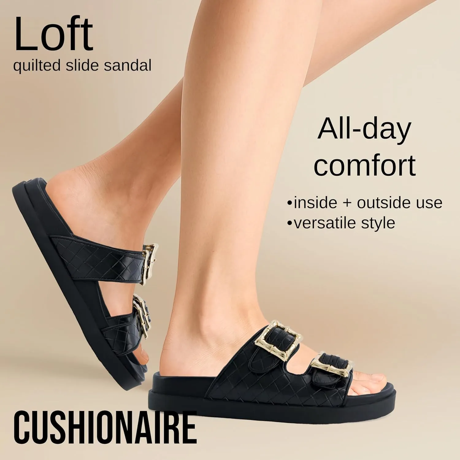 CUSHIONAIRE Loft Women's Quilted Slide Sandal With Cushioned Footbed and Adjustable Buckles
