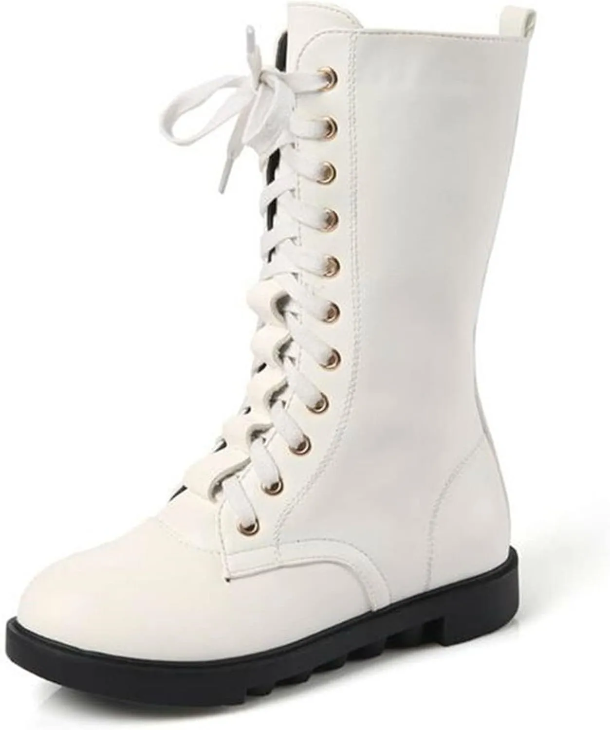 DADAWEN Kid's Girls Leather Lace-Up Zipper Mid Calf Combat Riding Winter Boots (Toddler/Little Kid/Big Kid)